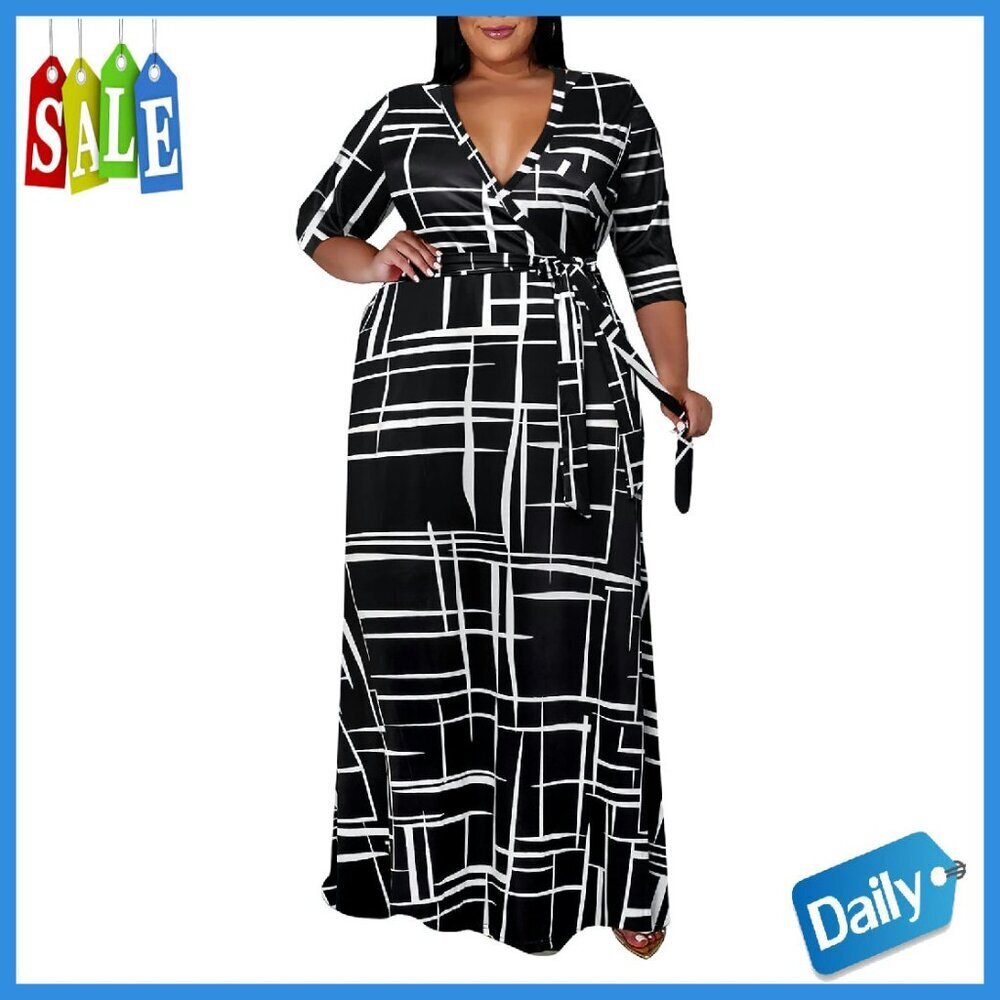 Plus Size Floral Maxi Dress with Belt 3/4 Sleeve Flowy Casual